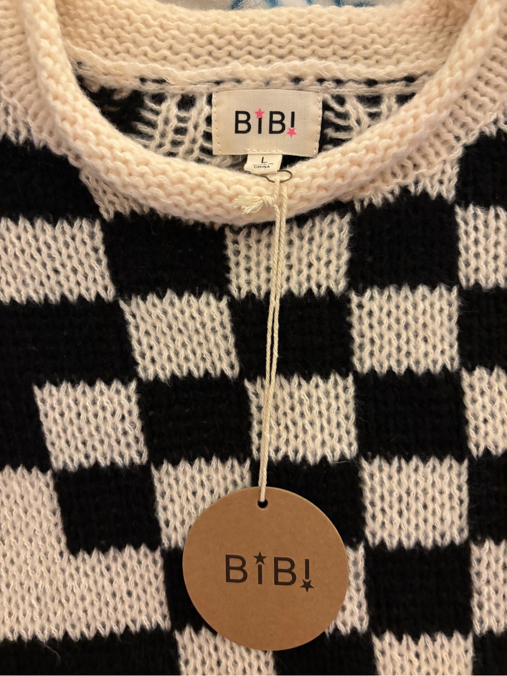 BiBi Black and Cream Checkerboard Crewneck Sweater - Picture 4 of 4